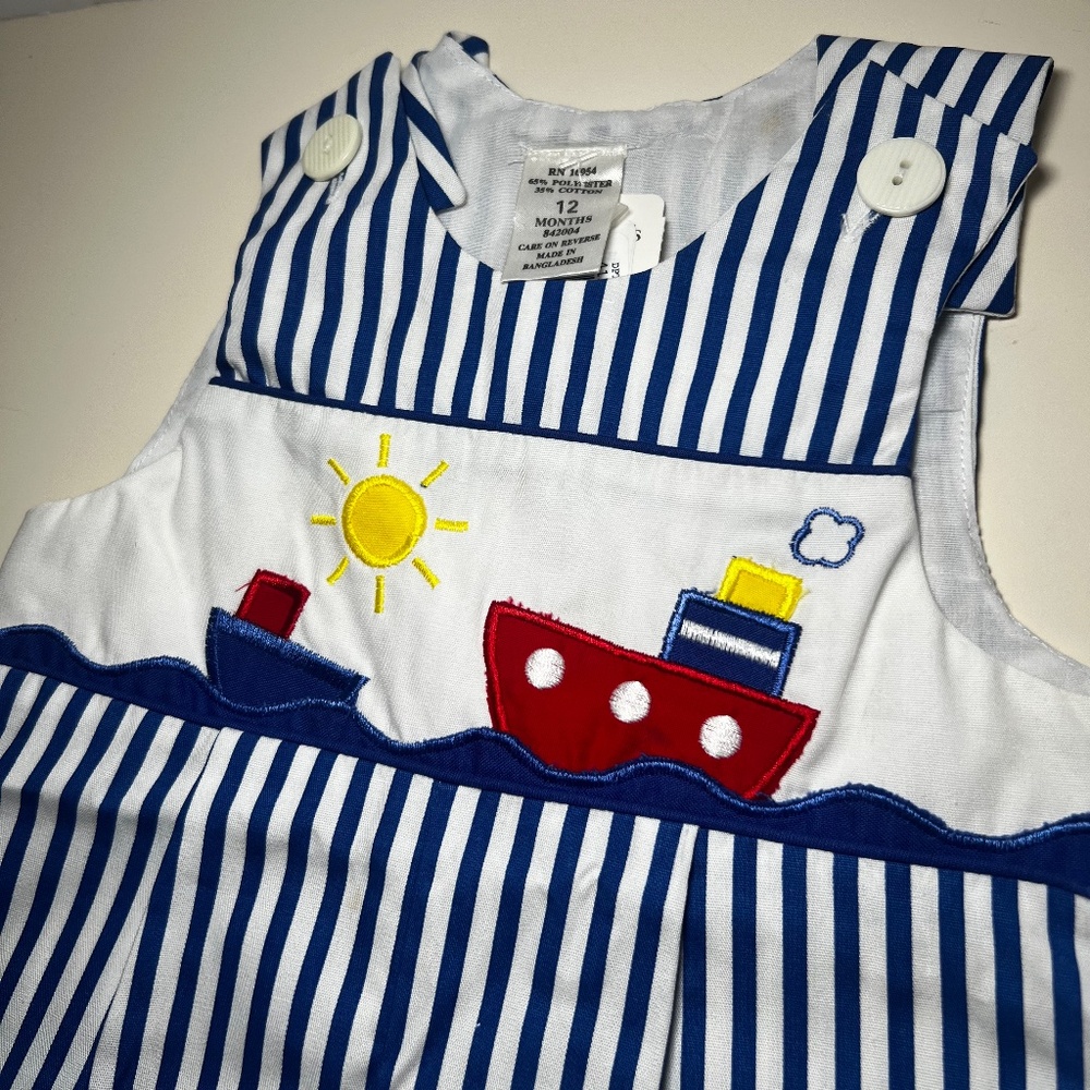 VTG Coastal Smocked Style Romper Blue Pinstripe Beach Cruise Embroidered Sailor